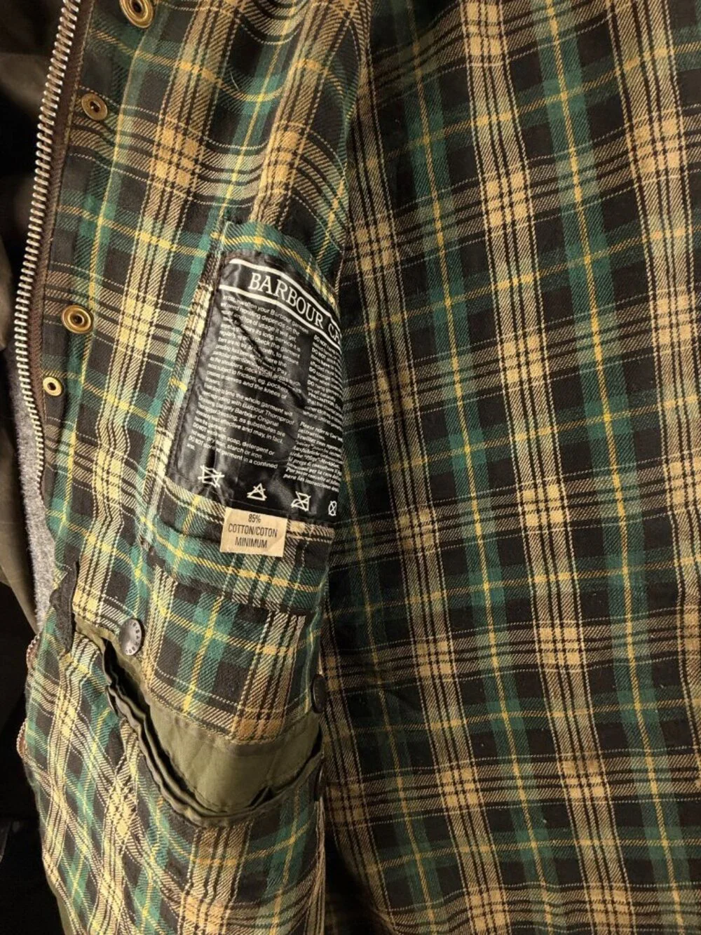 VTG Barbour A200 Border Size 40 Green Waxed Jacket Long Zip Snap Collared 80s